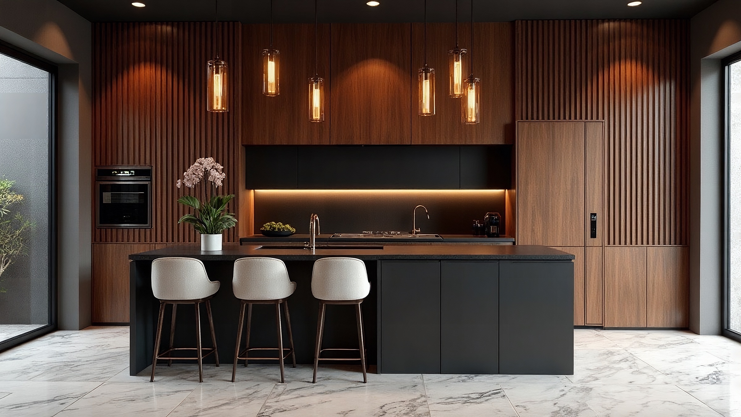 Cocina a la medida en nogal con isla, cubierta oscura e iluminación cálida