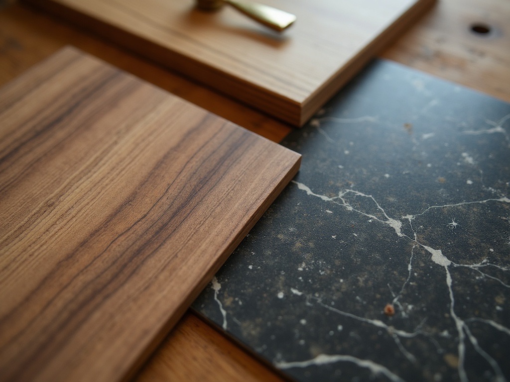 Muestras de materiales para cocina a la medida: enchapado de nogal, melamina texturizada y cubierta de piedra